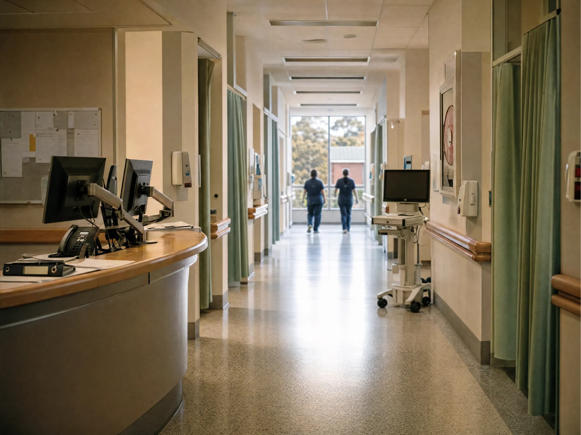 A ward corridor in an Australian public hospital, with eucalypts through the window at the far end